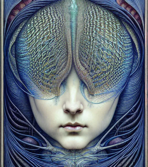 Image similar to detailed realistic beautiful fish goddess face portrait by jean delville, gustave dore, iris van herpen and marco mazzoni, art forms of nature by ernst haeckel, art nouveau, symbolist, visionary, gothic, neo - gothic, pre - raphaelite, fractal lace, intricate alien botanicals, ai biodiversity, surreality, hyperdetailed ultrasharp octane render