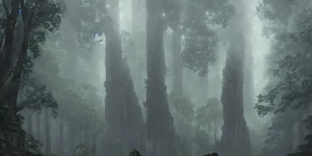 Image similar to An colossus towers above a forest canopy, stormy sky, lightning, digital art by Greg Rutkowski and Studio Ghibli, Shadow of the Colossus