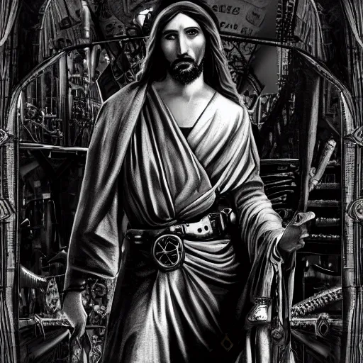 Image similar to steampunk Jesus, highly detailed, black and white matte painting