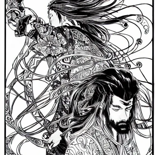 Image similar to highly detailed perspective drawing black and white goetic pen and ink manga panel by hiroya oku!! mucha illustrated sorcerer beautiful attractive long hair ringo starr fxv flowing ritual royal!!! vagabond! manga panel swords dramatic esoteric!!!!!! long hair flowing dancing illustrated in high detail by frank miller, shonen jump