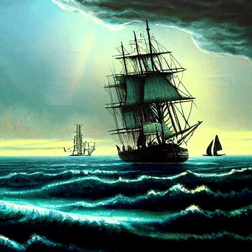Prompt: an ancient sailing ship off the shore of a beautiful coast with a distant ominous biopunk tower filled with evil technology glowing in the distance, painting by John Berkley