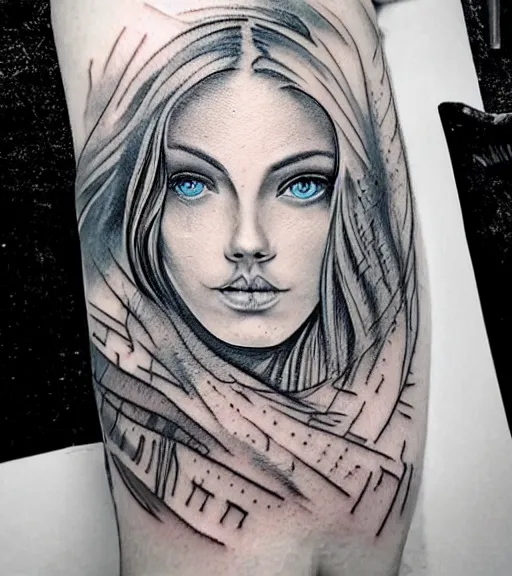 Image similar to tattoo design sketch of a beautiful blue - eyed woman face with a faded background of beautiful mountains and nature on her side, hyper - realistic, in the style of den yakovlev, amazing detail, black and white