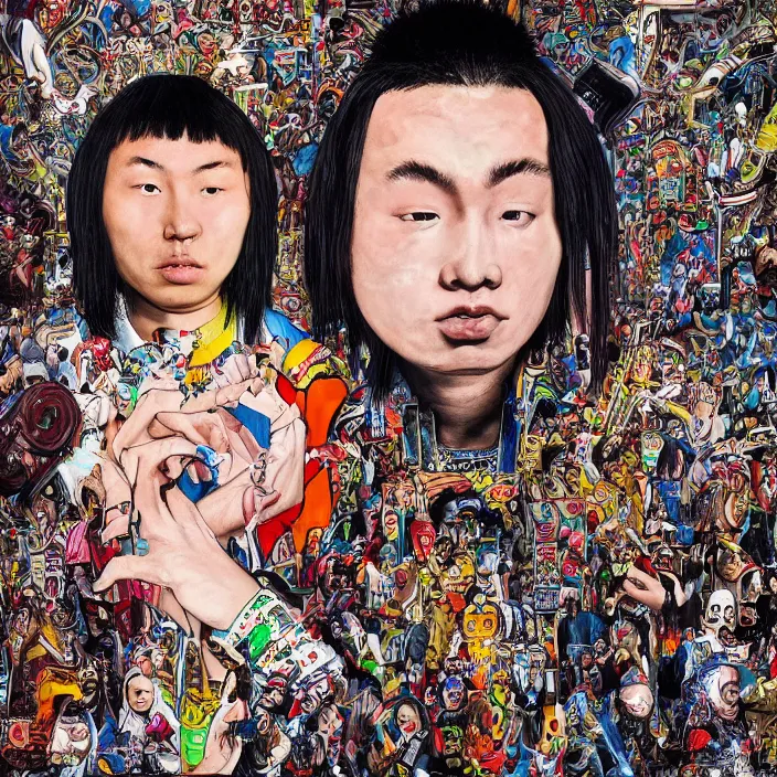 Image similar to young mongolian trap music producer by george condo, perfect composition, intricate, very detailed, cover art, 4 k