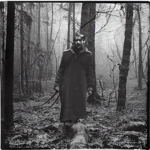 Prompt: A mysterious sighting of Asmongold in a haunted forest. 1940s photograph.