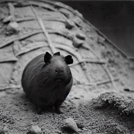 Prompt: a black and white grainy photograph of a guinea pig standing in a ww1 trench, it's wearing a russian ww1 uniform