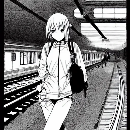 Prompt: Anime Summer girl on train station by Tsutomu Nihei