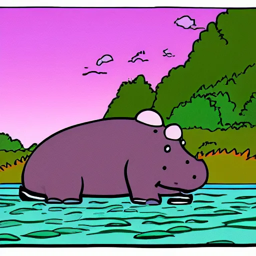 Prompt: sad hippo waking up in a beautiful river landscape, drawing by matt groening, trending on artstation