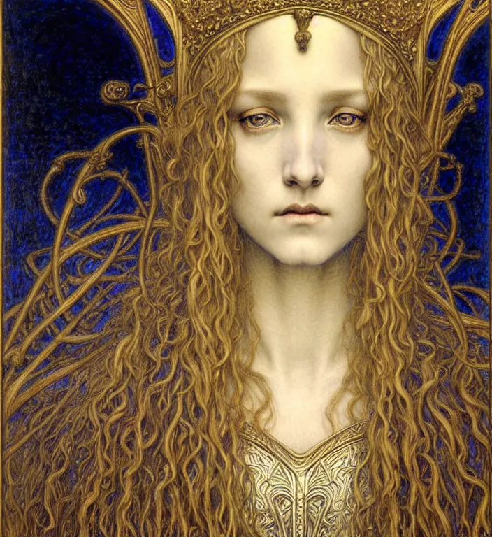 Image similar to detailed realistic beautiful young medieval queen face portrait by jean delville, gustave dore and marco mazzoni, art nouveau, symbolist, visionary, gothic, pre - raphaelite. horizontal symmetry