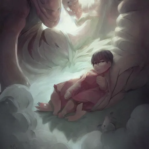 Image similar to a monster stealing the bad dreams of a sleeping child. detailed. 2 d art. jarold sng. krenz cushart. cartoon.