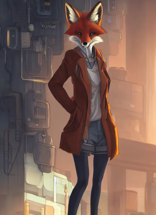 Prompt: commission of a beautiful portrait of a female anthro fox fursona wearing mechanic clothes in a industrial cyberpunk city. character design by Kinoshita Jiroh, Hyaku. Detailed, soft lighting, rendered in octane