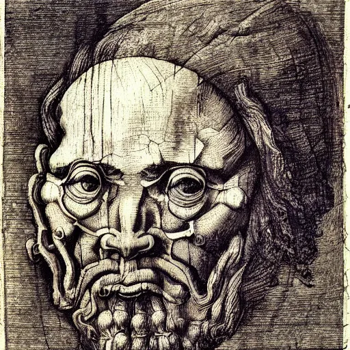 Image similar to head with four faces creature, drawn by da vinci