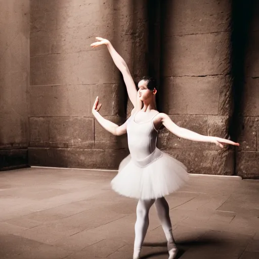 Prompt: , a woman filling ballet surrounded by a crowd of ancient civilisations 5 0 mm lens, f 1. 4, sharp focus, ethereal, emotionally evoking, head in focus, volumetric lighting, 8 k