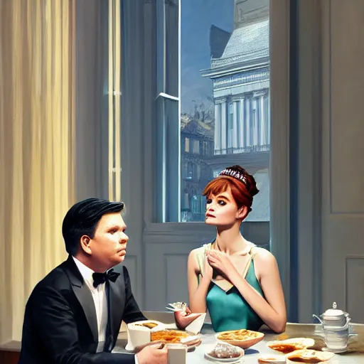 Prompt: holly golightly with michael mcintyre having breakfast in a tiffany's shop, anatomy, bathed in light, highly detailed, photorealistic, artstation, smooth, sharp focus, illustration, unreal engine 5, 8 k, art by artgerm and greg rutkowski and edgar maxence