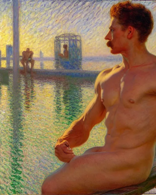 Image similar to muscular postman sitting on a dock on a lake, sunlight shining on his skin, reflective water, painting by tom of finland, gaston bussiere, craig mullins, j. c. leyendecker, claude monet