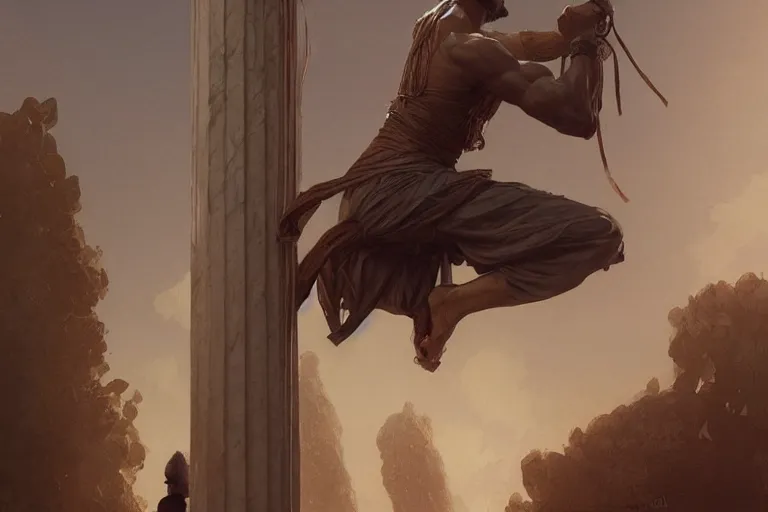 Prompt: a man tied to a column, highly detailed, digital painting, artstation, concept art, smooth, sharp focus, illustration, cinematic lighting, art by artgerm and greg rutkowski and alphonse mucha