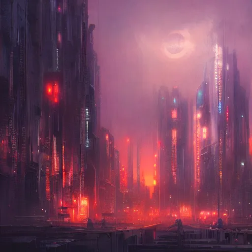 Image similar to cyberpunk city, sunset, gorgeous view, depth, painted by seb mckinnon, high detail, digital art, painted by greg rutkowski, trending on artstation