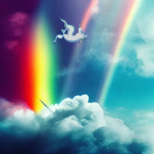 Image similar to a unicorn with a rainbow horn stood on top of a rainbow in the clouds, cinematic lighting, volumetric clouds, amazing light, award winning, ethereal, magical, photorealistic