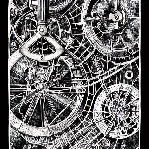 Image similar to miskatonic mechanical engine, black ink on paper, trending on artstation, beautiful, intricate, detailed