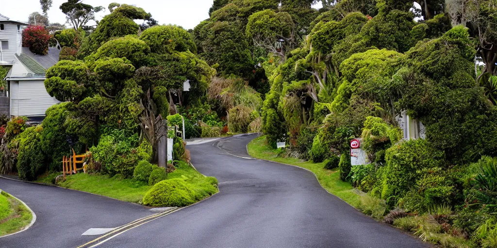 Image similar to a suburban street in wellington, new zealand. quaint cottages interspersed with an ancient remnant lowland podocarp broadleaf forest full of enormous trees with astelia epiphytes and vines. rimu, kahikatea, cabbage trees, manuka, tawa trees, rata. stormy windy day. google street view.