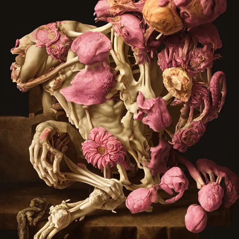 Image similar to still life of rotten flesh, beautiful pastel flowers, human spine, colorful mold, baroque painting, beautiful detailed intricate insanely detailed octane render, 8K artistic photography, photorealistic, chiaroscuro, Raphael, Caravaggio