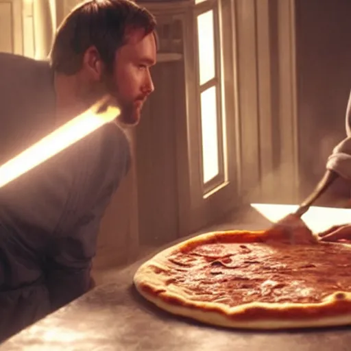 Image similar to A still of Ben Kenobi making a pizza, 4k, photograph, ultra realistic, highly detailed, professional lighting