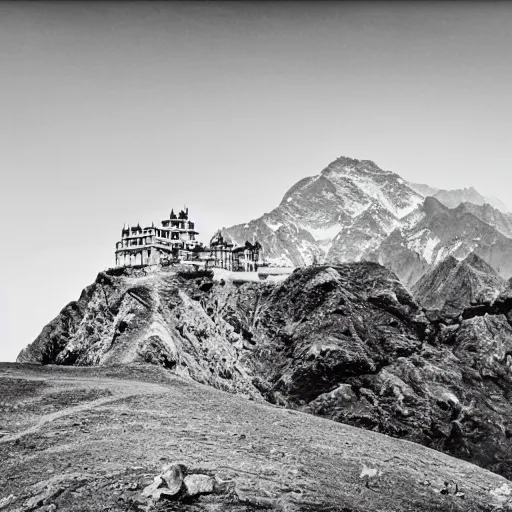 Image similar to a little castle in the middle of a mountain of the Himalayas, photoshoot style, realist, cinematic shot, 1950's photography