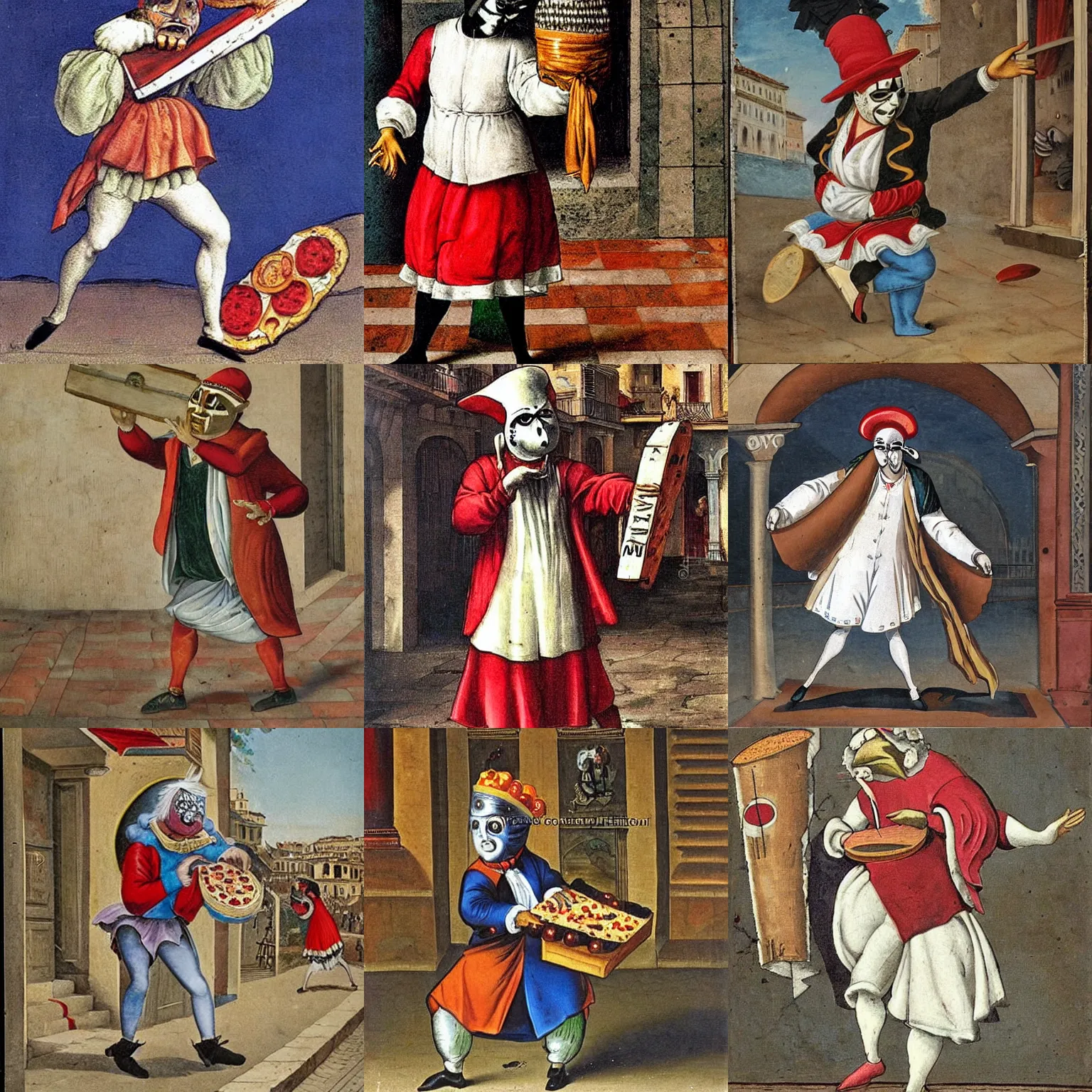 Prompt: a masked and drunk pulcinella dancing ecstatically through the empty street of naples, holding a large pizza!!!, exquisite details, finely detailed painting by silvio fiorillo, from commedia dell'arte