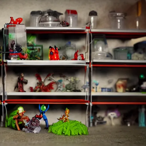 Prompt: garage with carnivorous plants on the shelves and packing peanuts on the floor, scene from tv show hyper detailed 5 5 mm 8 5 mm, toy photography, made out of plastic