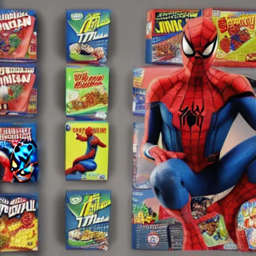 Image similar to spider-man on a cereal box, 8k realistic photo