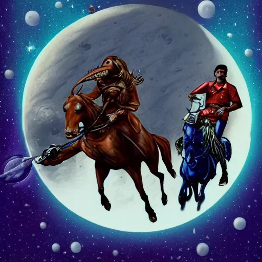 Image similar to aliens riding horses on the moon in the style of Fredrick Remington matte