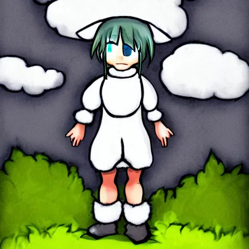 Image similar to little boy wearing sheep suit. white, gray, blue, green and brown pallet color. made in abyss art style, inspired in chris from deltarrune, high details