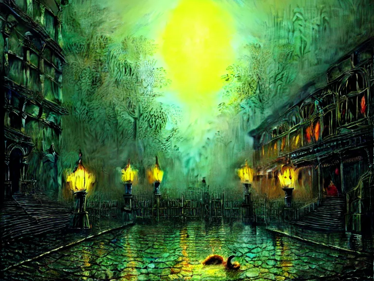 Prompt: the hellspawn demon greeting souls of sinners at the gates of the river styx by liam wong and john atkinson grimshaw and guido borelli da caluso and gregory crewsdon and hubert robert and david mattingly and ferdinand knab, hyperrealism, high contrast, low light, vibrant color, psychedelic, green mist, blue cobblestones, orange demons