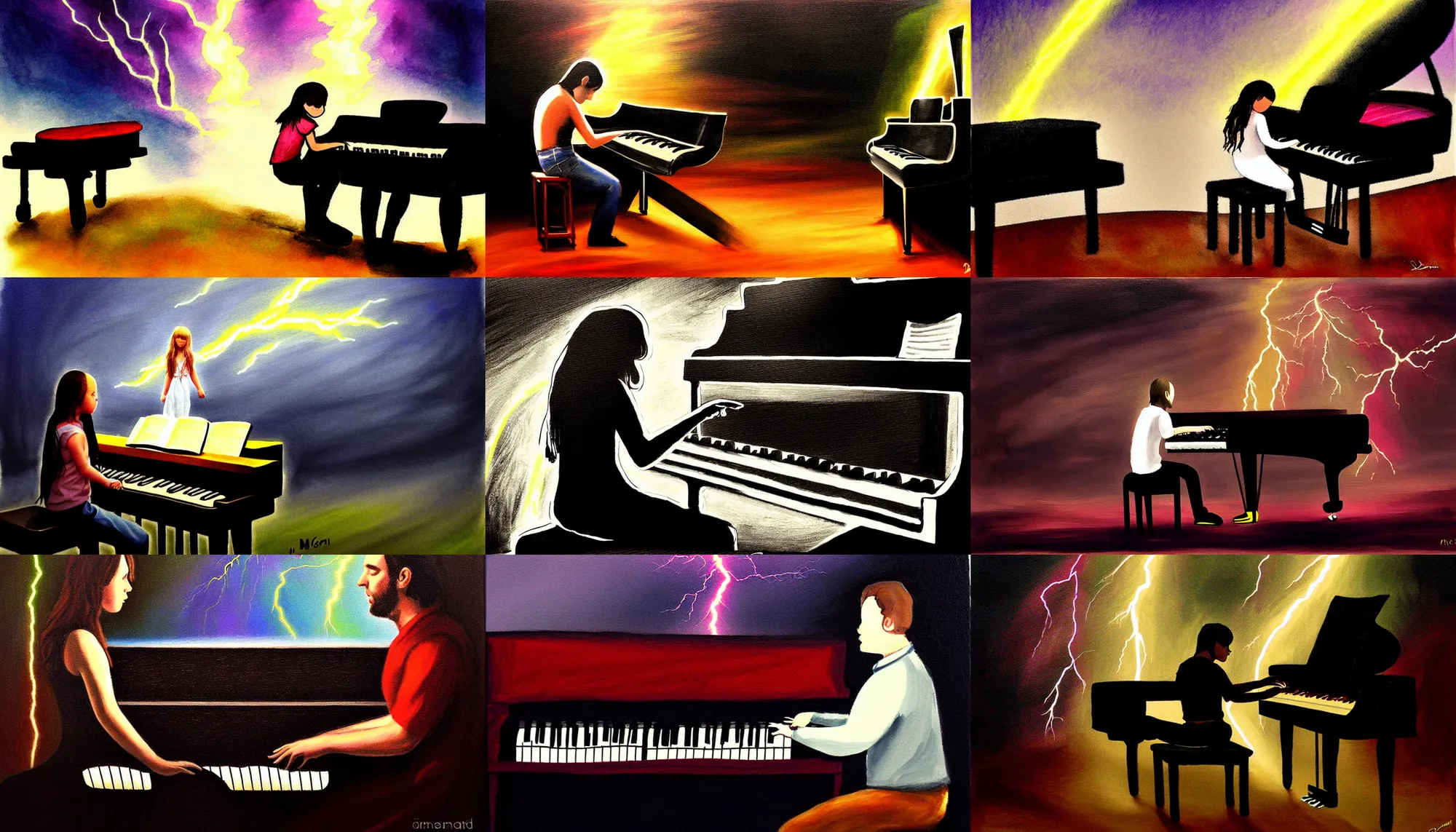 Prompt: sprocker spaneil playing piano. Artwork, lightning, dramatic, David McEwen style.