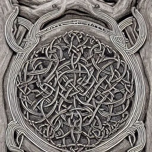 Prompt: Intricate and highly detailed Celtic Knotwork etched in an ancient tree, intricate, highly detailed, fullbody, artstation, dark fantasy, concept art, smooth, sharp focus, illustration, art by greg rutkowski and orientalism and bouguereau and Zdzislaw Beksinski, good clear quality, lighting, biology, symmetrical artwork, 135 mm, cinematic, hyper realism, high detail, octane render, 8k, chrome accents