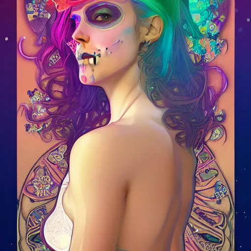 Prompt: kaleidoscope honeycomb sugar skull bubble neon goddess elegant, 8 k resolution, intricate and fine details, award wining composition, photorealistic illustration, artstation, krenz cushart, alphonse mucha agnes cecile