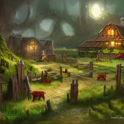 Image similar to concept art of a fantasy farm, wlop style