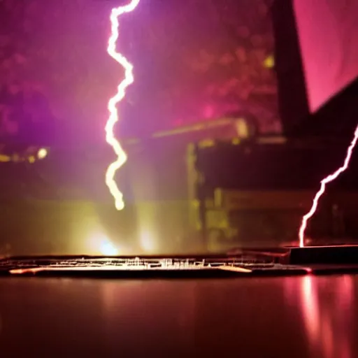 Image similar to low angle shot of lightning striking a synthesizer in a dance club, dark dancing silhuettes in the background, bokeh, dramatic lighting, oil painting