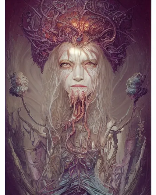 Prompt: a beautiful detailed front view portrait of a dead rotten princess with ornate growing around, ornamentation, elegant, beautifully soft lit, by wayne barlowe, peter mohrbacher, kelly mckernan