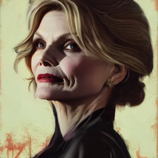 Image similar to michelle pfeiffer is the queen of the undead, portrait painting, medium shot, asymmetrical, profile picture, organic painting, sunny day, matte painting, bold shapes, hard edges, street art, trending on artstation, by huang guangjian, m and gil elvgren and sachin teng