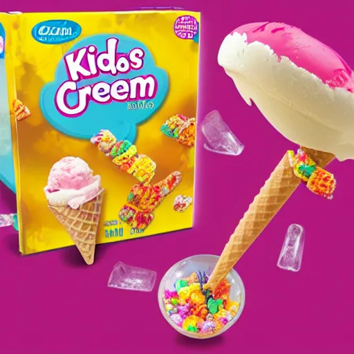 Prompt: the front of a kids cereal box for 'ice cream' cereal, featuring a levitating ice cream cone filled with pieces of cereal that resemble little ice cream cones