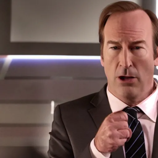 Prompt: Movie still of Bob Odenkirk playing Alex Jones shouting angrily during a broadcast, cinematic lighting