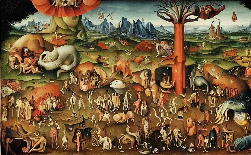 Image similar to Extremely detailed, intricate painting in style of Hieronim Bosch showing a symbiosis of Humans and nature.