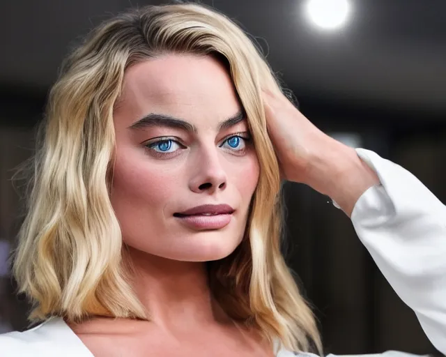 Image similar to a photo of margot robbie modeling the new iphone, hyper realistic face, beautiful eyes, cinematic, long shot, hyper detailed, 8 5 mm photograph, 8 k resolution, film still, sharp lens, wide lens