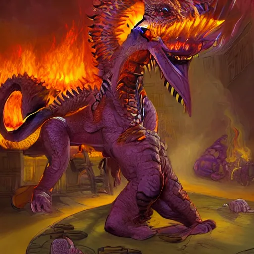 Image similar to ginger man in a purple t-shirt fights a fire breathing dragon in a room filled with dragon eggs, painted, by Yongjae Choi, high fantasy