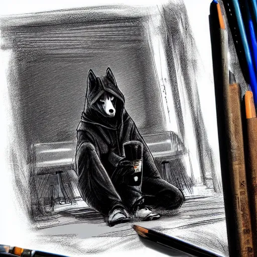 Image similar to Wolf like a Human, dressed black hoodie, sitting at the bar, light falls on him, sad mood, digital art, artstation, high quality, detailed,