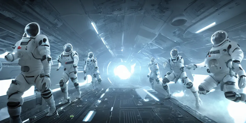 Image similar to futuristic spacemen firing lasers in zero gravity, skintight suits, floating, bright white light, hiding behind obstacles, surrounded by a laser grid, unreal engine, lensflares, low perspective