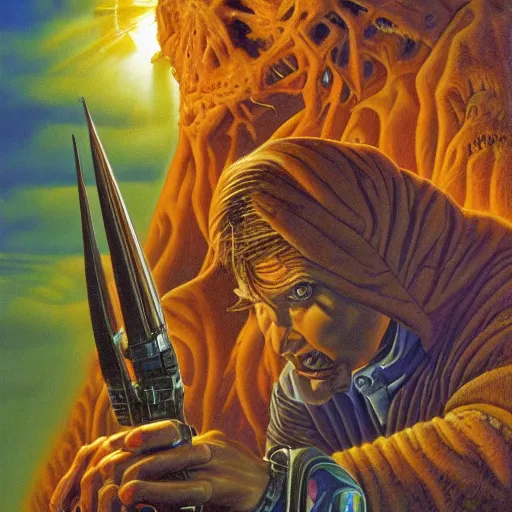 Image similar to a high quality high detail painting by david mattingly and larry elmore and jeff easley and ralph mcquarrie and richard corben, hd 4 k 8 k, realistic hyperdetailed scene painting, photorealistic lighting, hyperrealistic vfx, modern supernatural urban horror aesthetic.