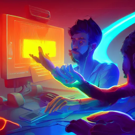 Image similar to fiery prometheus gives a glowing computer to a man who reaches for it with arm outstretched, glowing binary code, bioluminescence, digital painting bioluminance alena aenami artworks in 4 k design by lois van baarle by sung choi by john kirby artgerm style pascal blanche and magali villeneuve