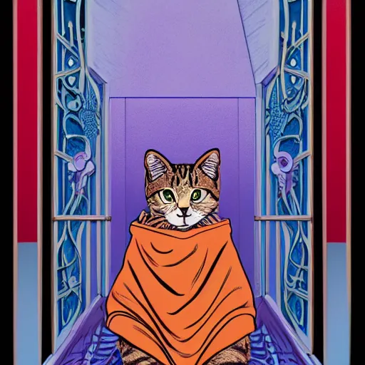 Image similar to a cat wearing a hooded cloak, in an elevator with art nouveau neon panelling, by moebius and james gurney and james jean and greg rutkowski, 8 k