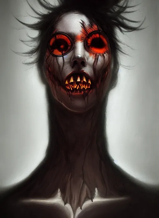 Image similar to dark portrait painting of tracer from overwatch, in style of zdzisław beksinski, scary, horror, 4 k, feminine facial features, overwatch tracer character, horror, body horror, disturbing, detailed face, dressed in dark garment, black tendrils, tall,